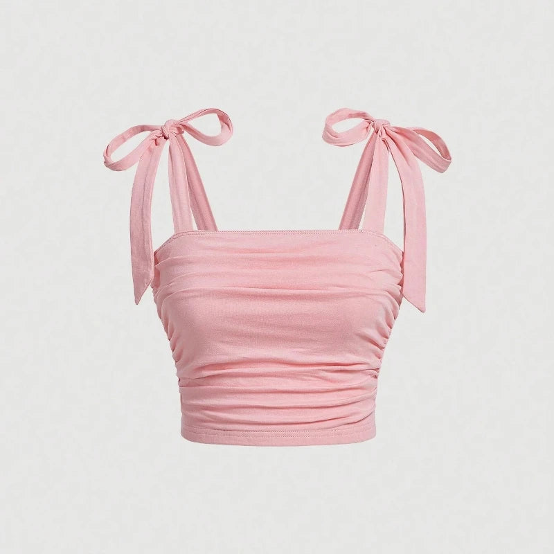 Solid Tie Shoulder Wide Strap Crop Top