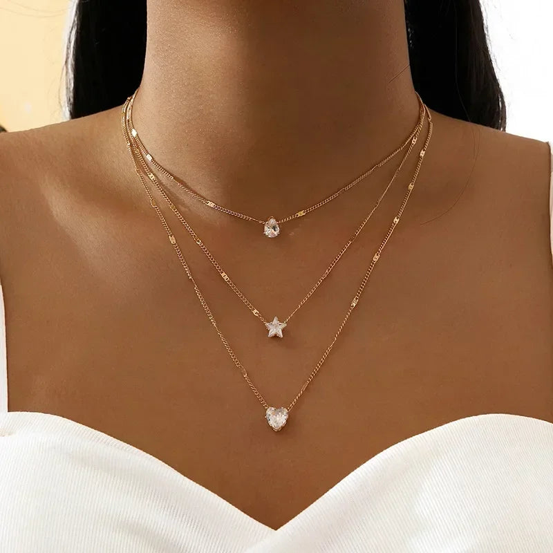 Crystal Zircon Heart Star Charm Multilayer Pendant