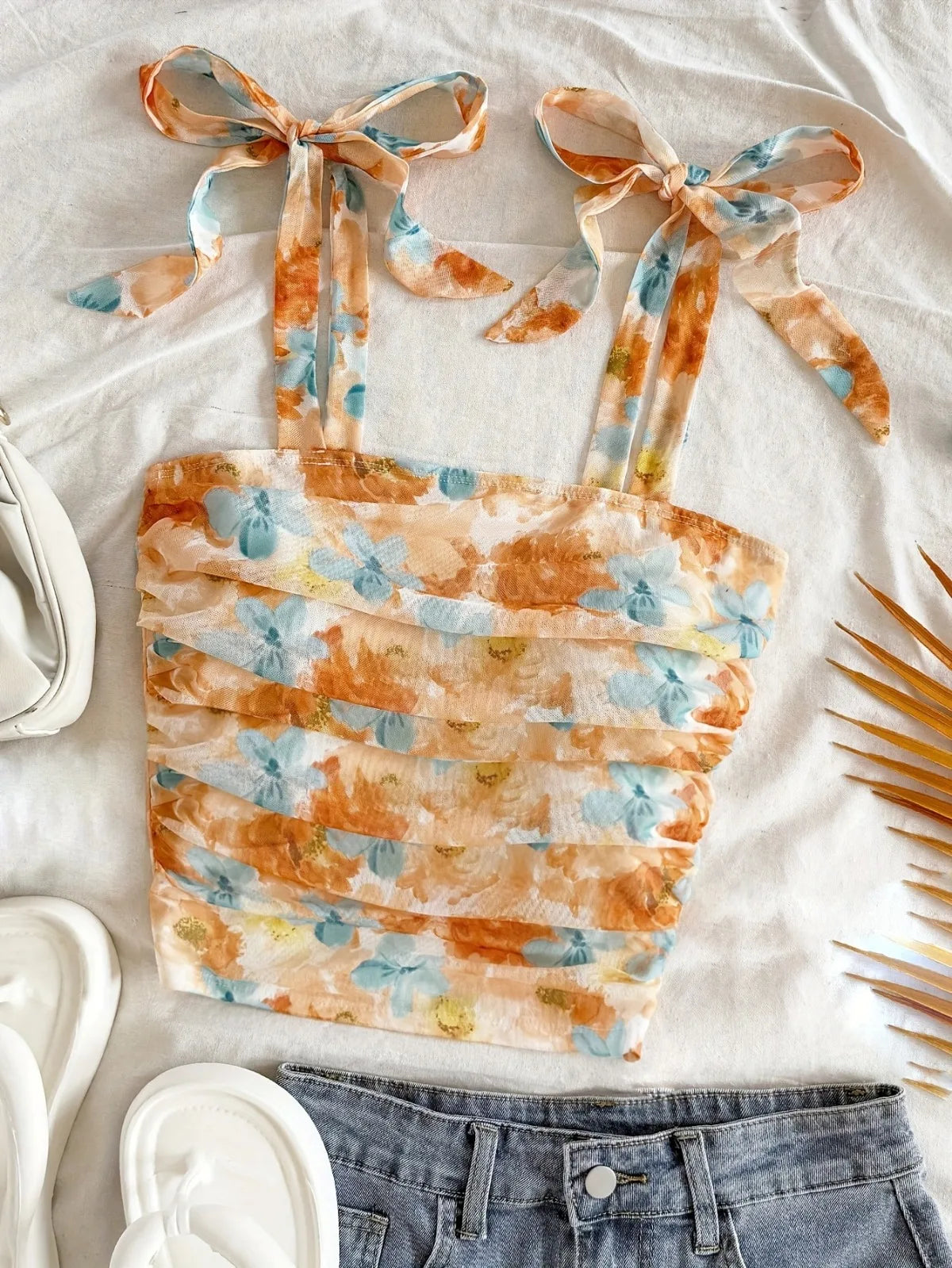 Solid Tie Shoulder Wide Strap Crop Top