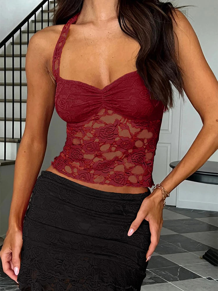 Sleeveless Lace-Trimmed Fitted T-Shirt
