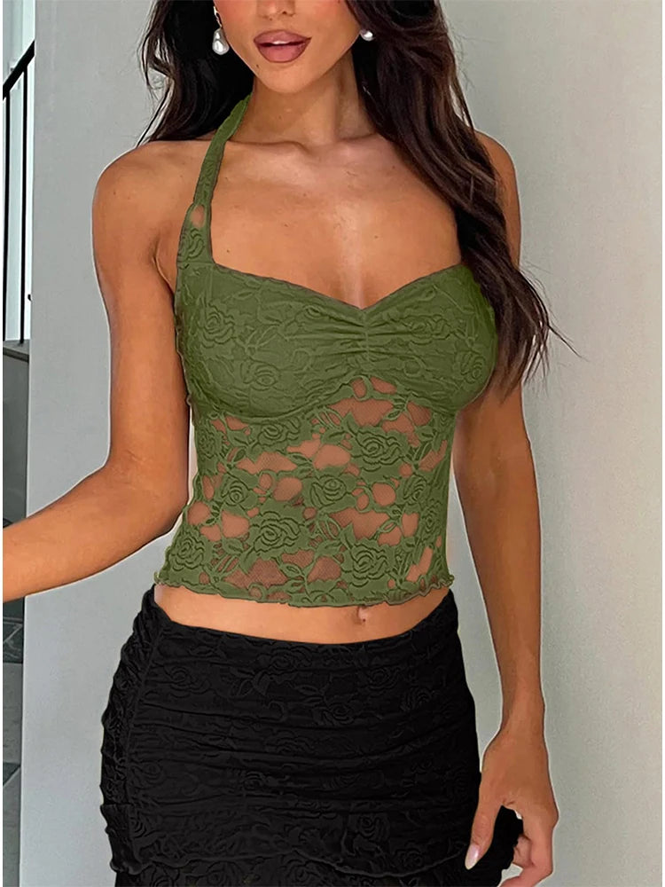 Sleeveless Lace-Trimmed Fitted T-Shirt